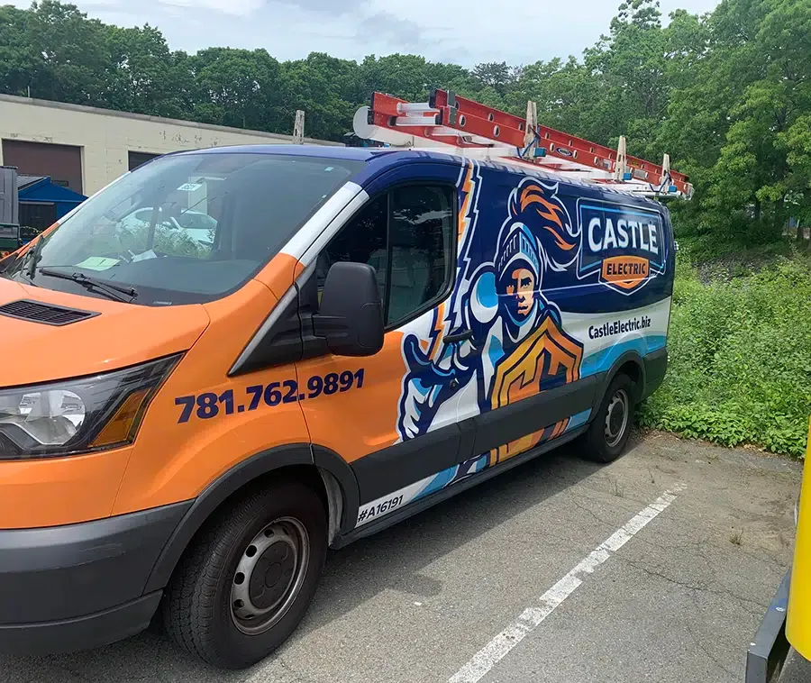Castle Electric Inc. branded service van serving Newton, Norwood, and Eastern Massachusetts electrician calls