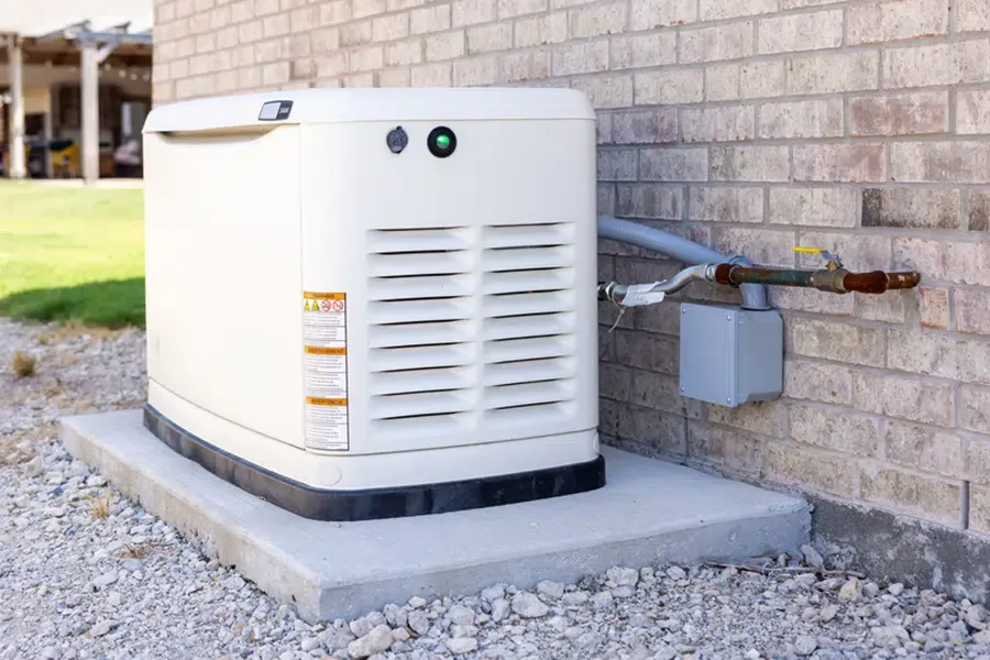 Standby generator installation on concrete pad next to brick home in Newton area