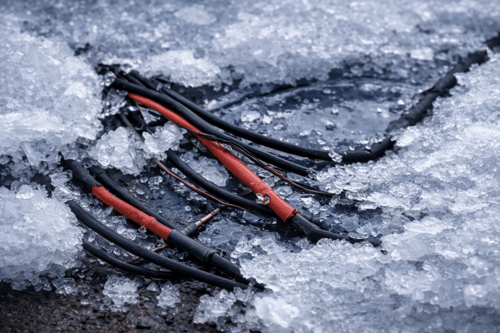 radiant heat wires exposed on driveway with snow